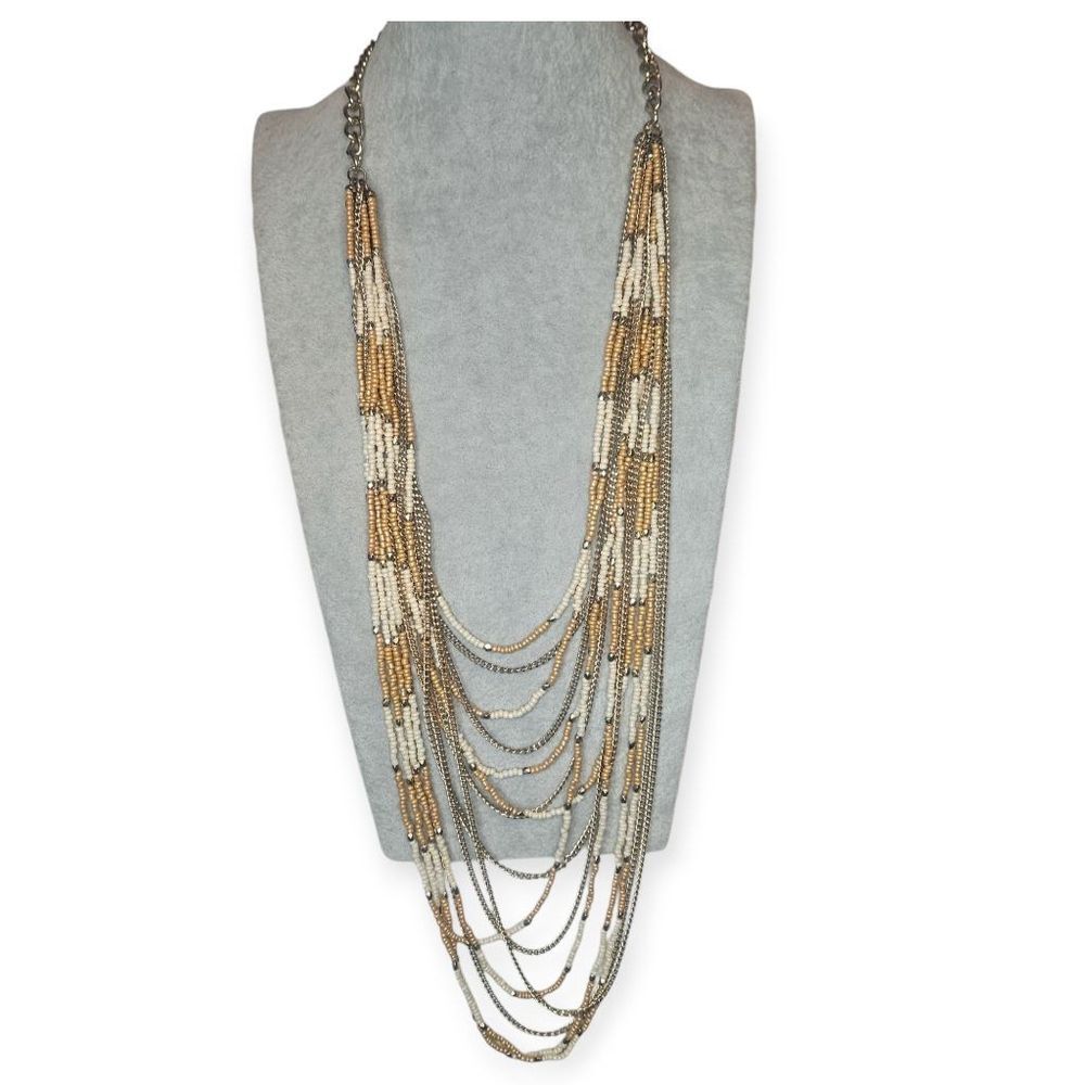 Statement Seed Bead Necklace Gold, Tan & Ivory Layered Gold Chain GUC Y2K